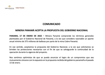 Minera Panamá dice que acepta propuesta del gobierno de Panamá