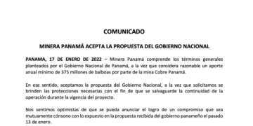 Minera Panamá dice que acepta propuesta del gobierno de Panamá