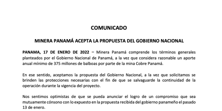 Minera Panamá dice que acepta propuesta del gobierno de Panamá