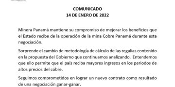 Minera Panamá dice estar sorprendida por el cambio de metodología de cálculo de las regalías presentado por el gobierno panameño