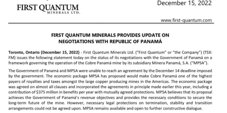 First Quantum operador de Cobre Panamá asegura que no se pudieron acordar las protecciones legales necesarias sobre terminación, estabilidad y arreglos de transición
