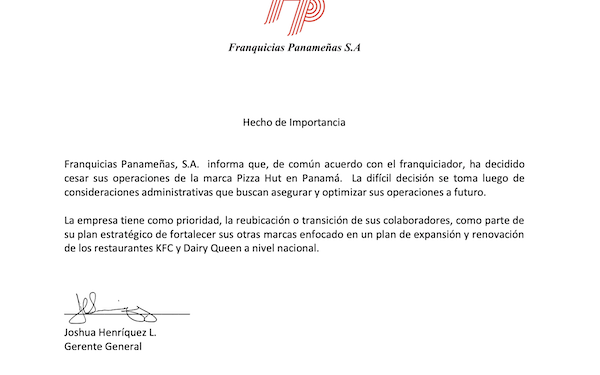 Franquicias Panameñas anuncian cierre de Pizza Hut en Panamá