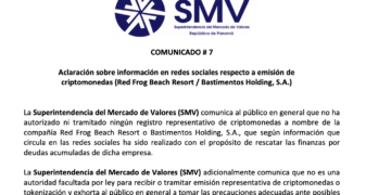 Regulador de valores aclaración que no ha autorizado emisiones en criptomonedas (Red Frog Beach Resort / Bastimentos Holding, S.A.)
