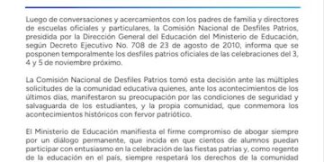 Meduca anuncia que se posponen temporalmente los desfiles patrios