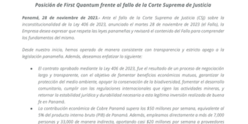 First Quantum dice que respeta las leyes panameñas y que revisará el fallo