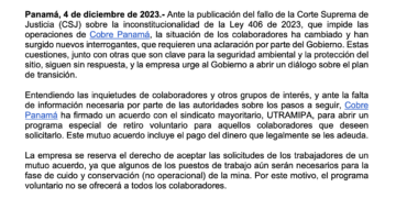 Minera Panamá anuncia acuerdo de retiro voluntario para los trabajadores mientras espera hoja de ruta del gobierno