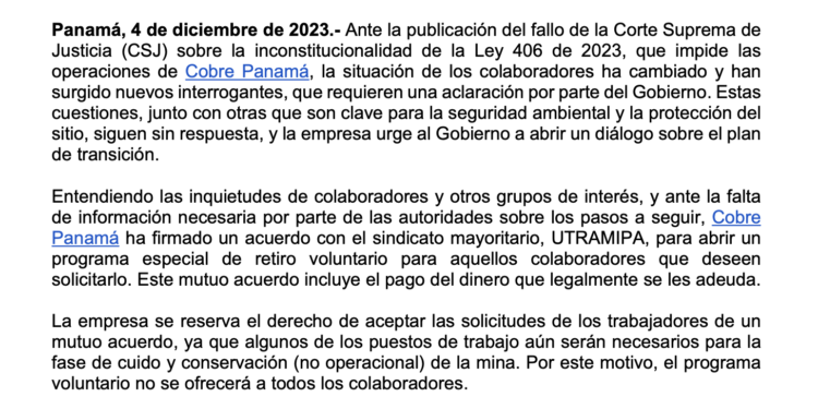 Minera Panamá anuncia acuerdo de retiro voluntario para los trabajadores mientras espera hoja de ruta del gobierno