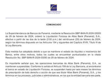 Regulador bancario de Panamá ordenó la Liquidación Forzosa de Atlas Bank