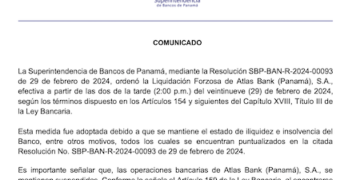 Regulador bancario de Panamá ordenó la Liquidación Forzosa de Atlas Bank