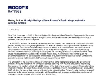 Panamá mantiene calificación Baa3 con perspectiva negativa, según Moody’s