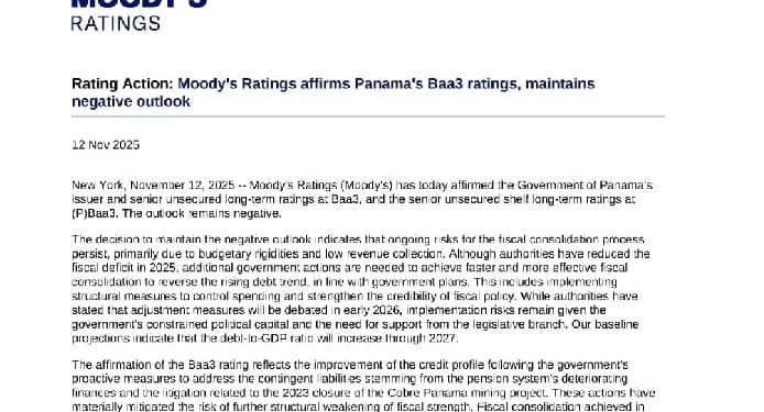 Panamá mantiene calificación Baa3 con perspectiva negativa, según Moody’s
